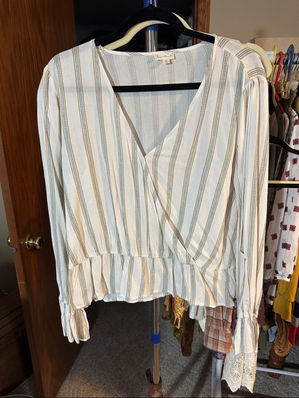 Hem & Thread White Peplum Wrap Blouse with Gold & Blue Stripes